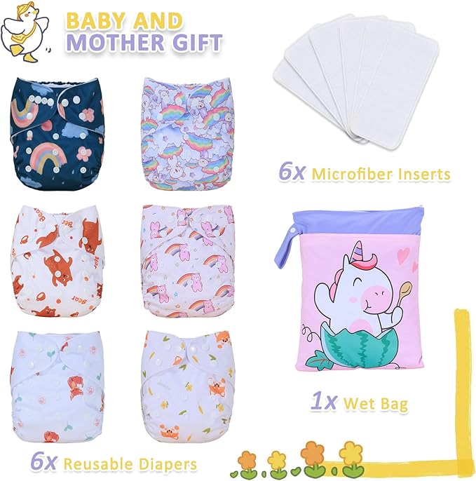 TDIAPERS Cloth Diapers Reusable Washable Pocket Diapers Cover One Size Adjustable for Baby Snaps Cloth Diapers Nappy 6 Pack with 6 Pcs Microfiber Inserts,1 Wet Bag