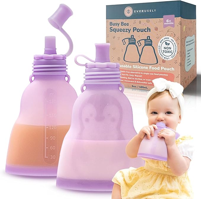 Everusely Reusable Baby Food Pouches for Toddlers - 2 Pack, 6 oz/180 ml, Lavender - Squeezable Silicone Food Pouch - Refillable, Leakproof, Spill Proof Puree Containers - BPA Free - Dishwasher Safe