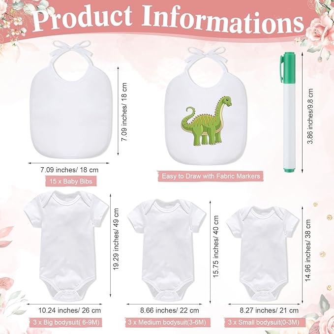 Roowest 35 Pcs Baby Shower Bibs Games Design Wooden Baby Shower Party Game Sign DIY Bodysuit Sign 15 White Blank Bibs 9 Bodysuit 10 Markers for Party Supplies(Flower)