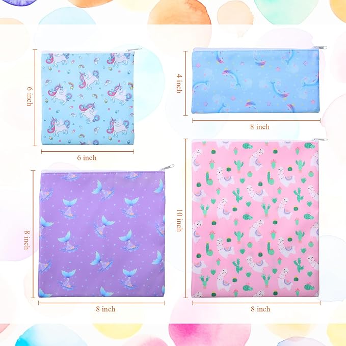 Paterr 4 Pcs Sandwich Bag Reusable Zipper Snack Bags Washable Food Safe Lunch Bags for Kids Students Adults Food (Unicorn)