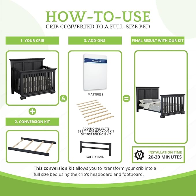 Full-Size Conversion Kit Bed Rails for Oxford, Soho, Ozlo & Avalon Baby Convertible Cribs - Solid Wood - Toddler & Adult Rail for Full-Size Bed - Nursery & Baby Furniture (Midnight Slate Hook-On Kit)
