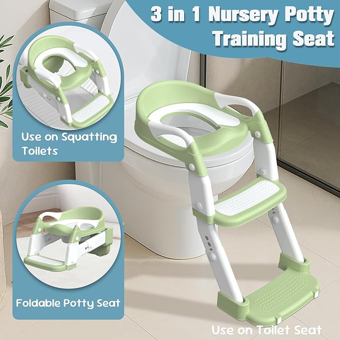 Potty Training Seat, Toddler Potty Training Toilet with Step Stool Ladder for Kids Boys Girls, 3 in 1 Foldable Toilet Seat Potty Chair with Urinals, Splash Guard, Handles, Anti-Slip Pad,Green