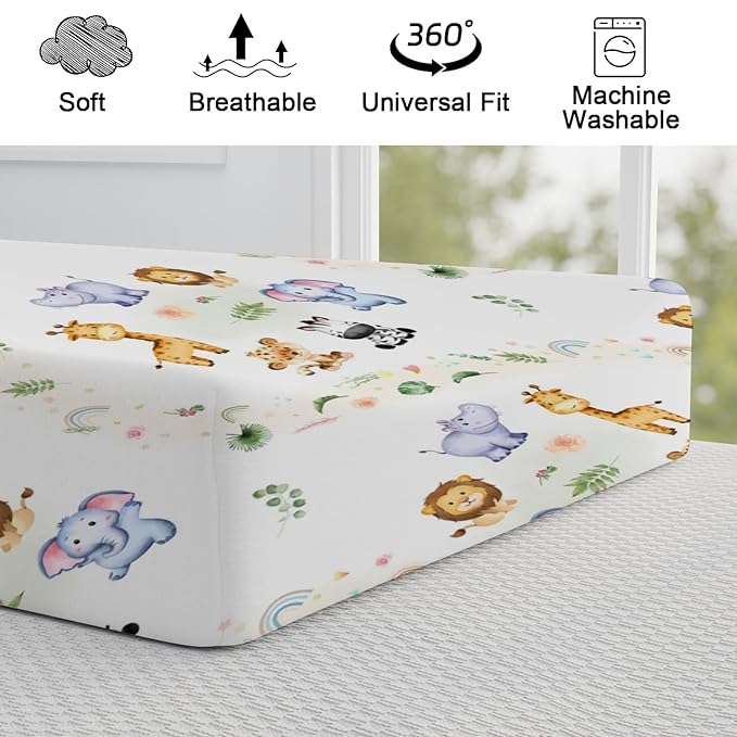 Jungle Safari Animals Tropical Leaves Flowers Changing Pad Covers Lion Elephant Zebra Giraffe Hippo Diaper Change Table Sheets for Girl Boy Soft Stretchy Fitted Changing Mat Sheets 32''x16''