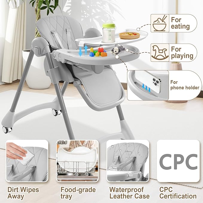 High Chairs for Babies and Toddlers, Foldable Baby High Chair with Removable Tray, Adjustable Backrest and Height, 6 in 1 High Chair with Lockable Wheels for Eating, Include 2 Bibs, Tool-Free Assembly