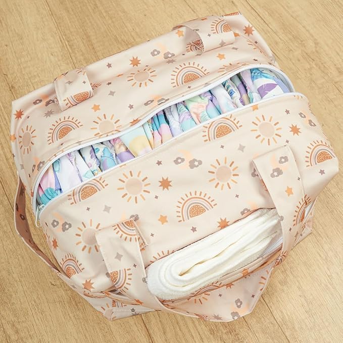 MOMIGO Wet Dry Bags for Baby Cloth Diapers - Reusable, Washable for Stroller, Diapers, Toiletries, Travel Bags, Beach, Pool, Gym Bag Large Size 10.6 * 6.7 * 8.7 inch (Sun)