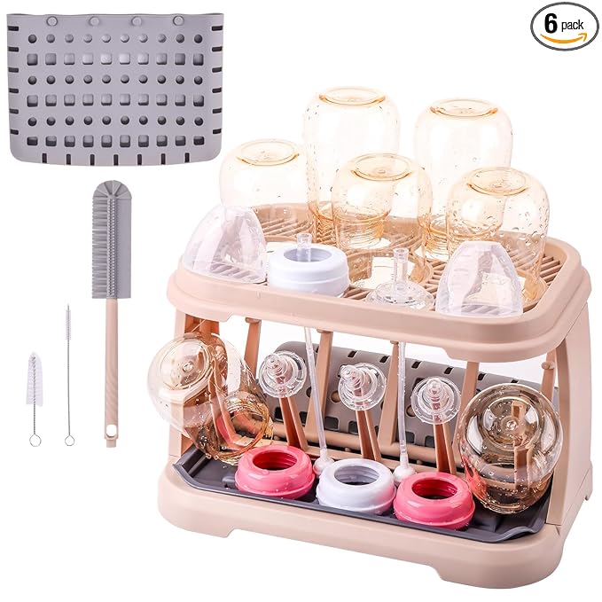 Baby Bottle Drying Rack with Brush & Dishwasher Basket - Space Saving Standing Drying Rack for Baby Bottles, Pump Parts & Accessories, Compact Organizer Holds Up to 8 Bottles (Pink Lotus Root)