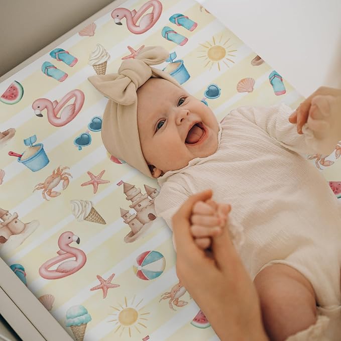 Summer Beach Seaside Changing Pad Covers for Baby Girls Boys Ice Cream Sand Flamingo Sun Fitted Change Table Pad Covers Mats Boho Travel Vacation Soft Diaper Changing Pad Sheets 32''×16''