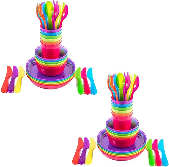 Kids Plastic Dinnerware Set of 72 Multi Color Pieces (Plates, Bowls, Cups and Flatware) - Reusable, BPA-Free, Dishwasher Safe and Microwaveable