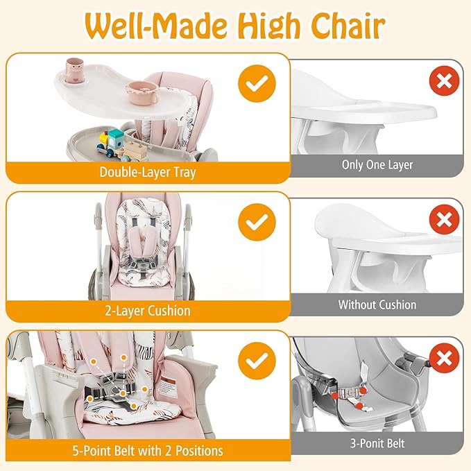 HONEY JOY Baby High Chair, Foldable High Chairs for Babies and Toddlers, Adjustable Heights, Recline Backrest & Footrest, Double-Layer Tray & Cushion, Portable Infant Highchair with Wheels (Pink)