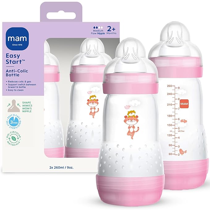 MAM 9oz Easy Start Anti-Colic Wide Neck Vented Baby Bottle, Medium Flow Breastfeeding-Like Nipple, Reduces Colic Gas & Reflux, Easy to Clean, BPA Free, 2+ Months, Made in Europe, 2 Pack, Girl