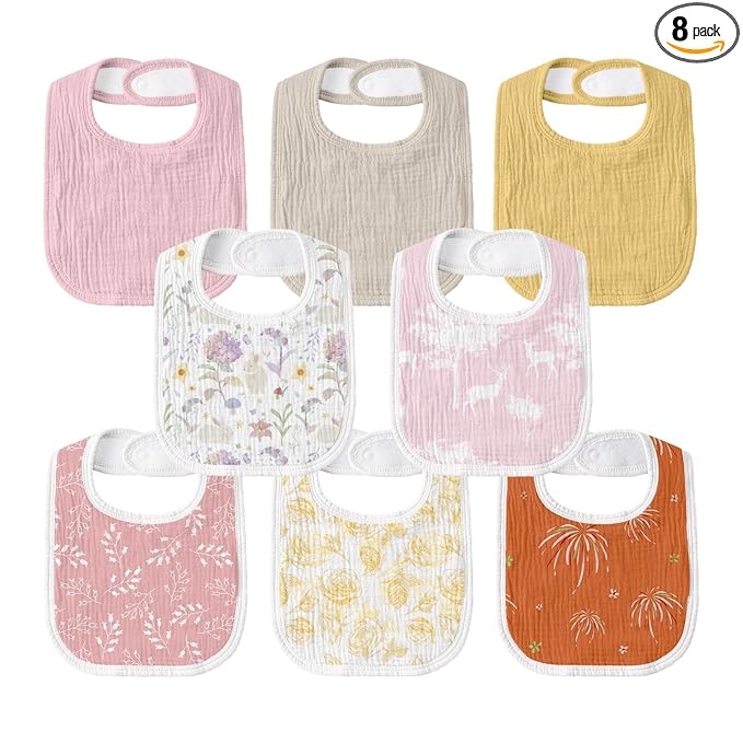 GLLQUEN BABY Muslin Drool Bibs for Boys Girls 8 Pack, Adjustable Baby Bibs for Drooling and Teething, Soft Cotton Baby Bandana Bib for Newborn Feeding Essentials (Flower)