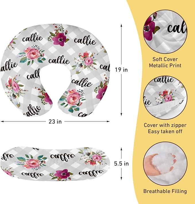 Customizable Flowers Baby Nursing Pillow Cover - Add Your Baby's Name, Ultra-Soft Stretch Fabric, Fits Standard Nursing Pillows, Ideal for Baby Showers Style 07