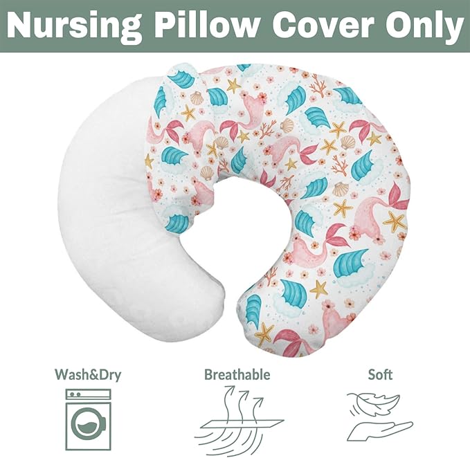 Mermaids Tails Baby Nursing Pillow Covers for Boy Girl Fairytale Fish Floral Waves Starfish Conch Nursery Pillowcase for Breastfeeding Pillows Boho Summer Beach Soft Stretchy Slipcovers for Newborn