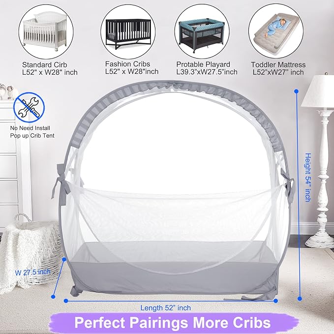 Crib Tent to Keep Baby from Climbing Out, Woderful Breathable Pop-up Mosquito Net Protable Safety Crib Net for Baby Travel