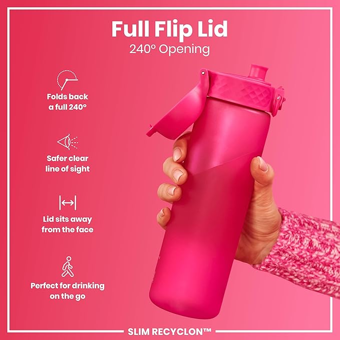Ion8 Water Bottle, 500 ml/18 oz, Leak Proof, Easy to Open, Secure Lock, Dishwasher Safe, BPA Free, Hygienic Flip Cover, Carry Handle, Fits Cup Holders, Easy Clean, Odor Free, Carbon Neutral, Hot Pink