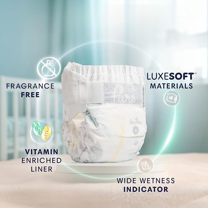 Pampers Pure Baby Diapers, Size 0 (>10 lbs ), 128, Up to 100% Leakproof, Premium Hypoallergenic Soft Diapers