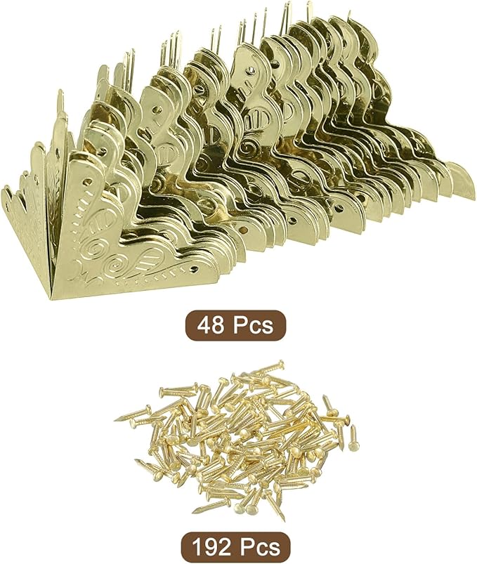 uxcell 48 Pcs Metal Box Corner Protectors 1"x1" Corner Protectors Decorative with Mounting Screws for Storage Box Cabinets Wooden Chest, Gold Tone