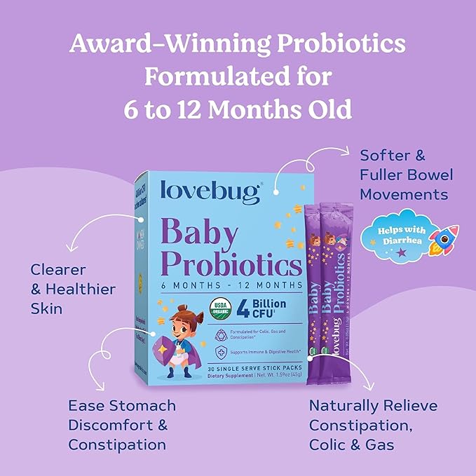 LOVEBUG Award Winning USDA Organic Probiotic for Babies | Multi-Strain 4 Billion CFU | Easy-to-Take Powder | Sugar Free | Ages 6-12 Months | 60 Packets