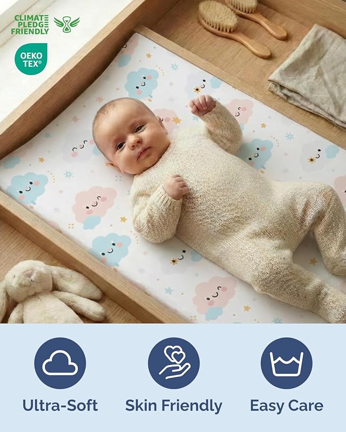 Changing Pad Cover - Pack of 2 Soft Unisex Diaper Change Microfiber Table Sheets - Fits 32"x16" Contoured Pad - Changing Pad Cover for Baby Boys and Girls - Machine Washable - Oeko-Tex, Happy Clouds