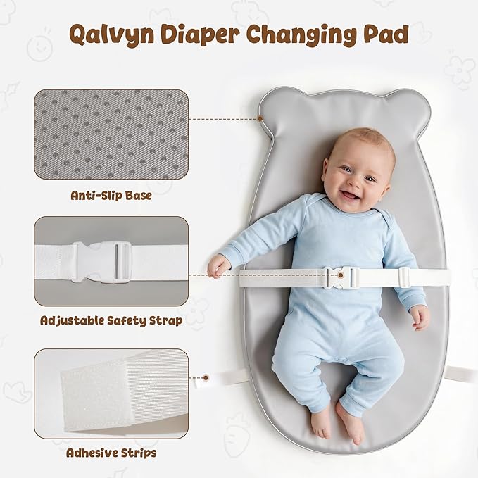 Baby Diaper Changing Pad with Wipeable & Waterproof PU Cover, Contoured Baby Changing Pad for Dresser, Non-Slip Changing Table Pad with Adjustable Strap, Cushioned Contoured Foam Grey