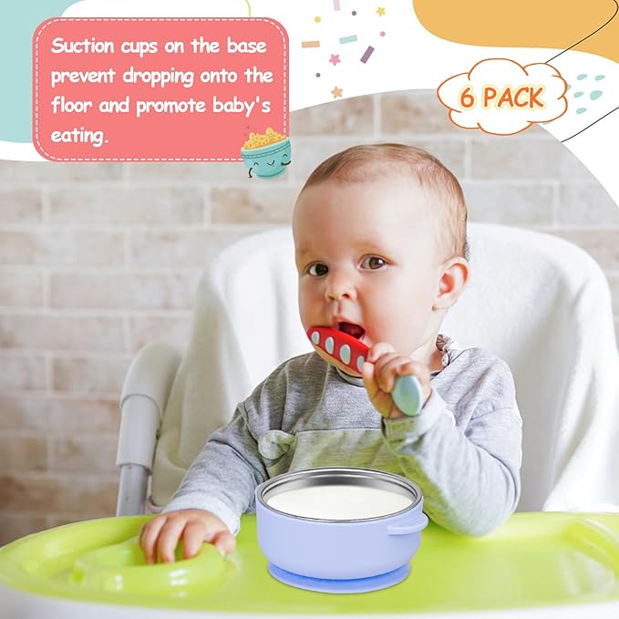 6 Pack 304 Stainless Steel Baby Bowls with Removable, Silicone Bowl, Suction Bowls for Baby, Scald-Resistant Food Containers, for Kids, Babies Food Feeding