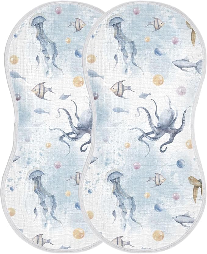 vvfelixl Baby Burp Cloths Sea Turtle and Octopus Baby Newborn Cotton Burping Cloths Set Baby Washcloths 4 Pack