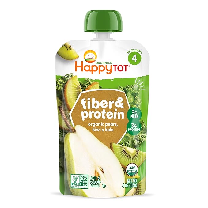 Happy Tot Organics Stage 4 Baby Food Pouches, Gluten Free, Vegan Snack, Fiber & Protein Fruit & Veggie Puree, Pears, Kiwi & Kale, 4 Ounce (Pack of 1)