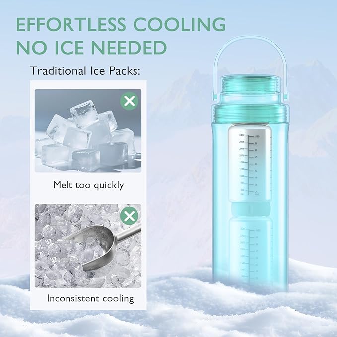 22oz Portable Breast Milk Cooler, Game-changer with 360° Total Cooling Gel Ice Pack for 30 Hours, Baby Travel Breastfeeding Essential Chiller with 2pcs Bottles for Breastmilk Storage (Green)
