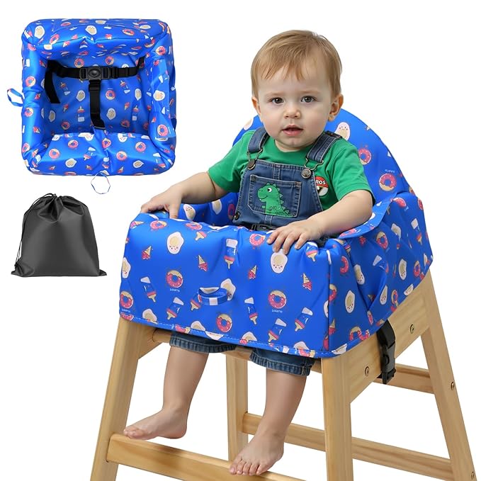 Baby High Chair Cover Restaurant with 3-Point Harness,Portable High Chair Covers for Travel,Dining Out,Waterproof and Machine Washable,Inner Padded,Fits Wooden High Chairs,Blue
