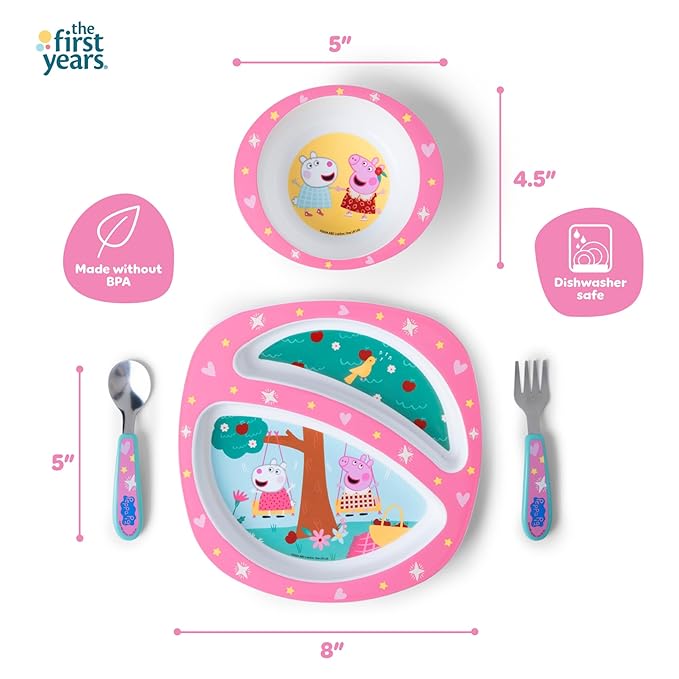 The First Years Peppa Pig Toddler Dinnerware Set - Includes Plate, Divided Bowl, and Utensils - Dishwasher Safe Feeding Supplies Made without BPA - 4 Count
