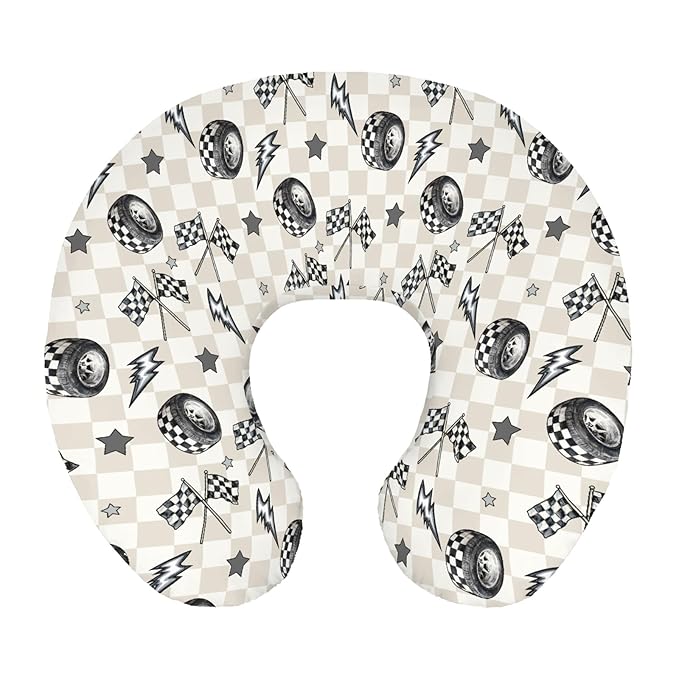 Cute Race Car Flag Black and White Plaid Nursing Pillow Cover Stretchy and Soft for Baby Girls Boys Tire Checkered Stars Vehicles Nursing Cover for Breastfeeding for Newborn Infant