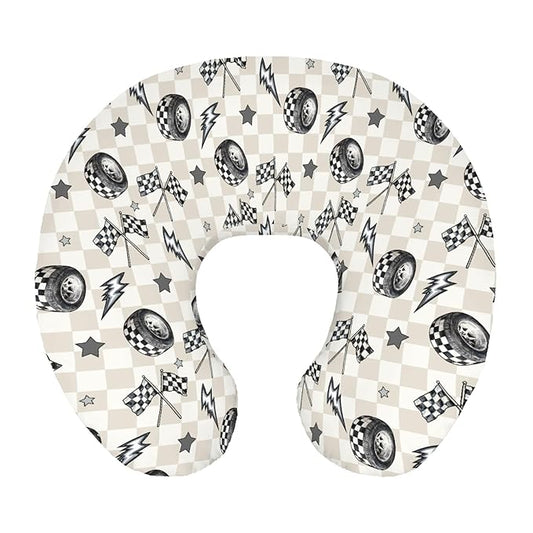 Cute Race Car Flag Black and White Plaid Nursing Pillow Cover Stretchy and Soft for Baby Girls Boys Tire Checkered Stars Vehicles Nursing Cover for Breastfeeding for Newborn Infant