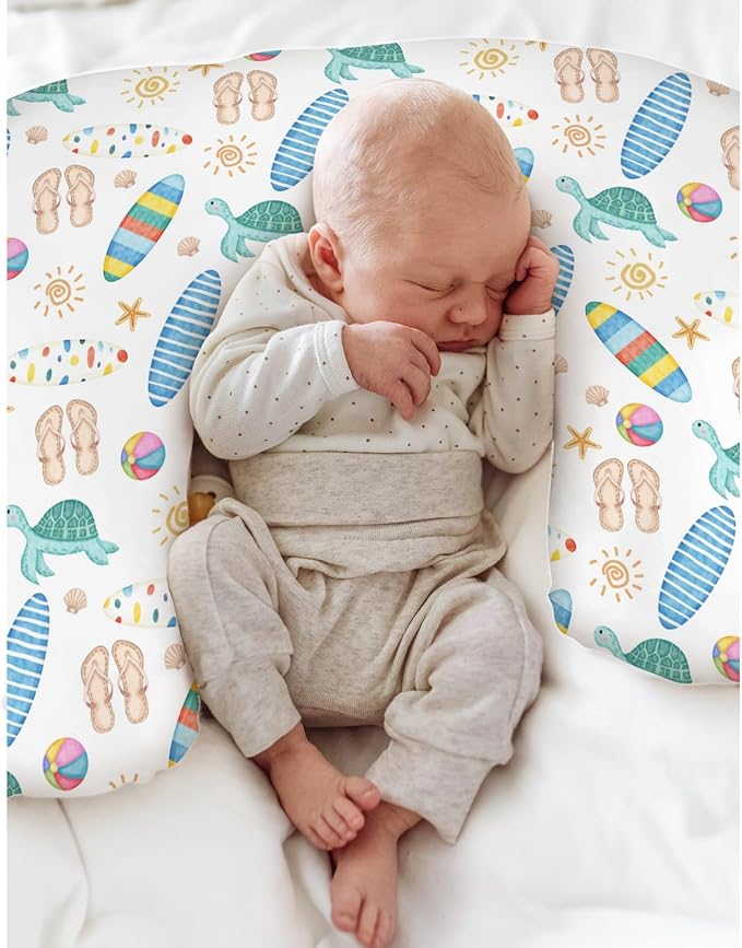 Boho Surf Summer Baby Nursing Pillow Covers for Boy Girl Colorful Surfboards Sun Starfish Conch Turtle Nursing Pillowcase for Breastfeeding Pillows Tropical Beach Soft Stretchy Slipcovers for Newborn