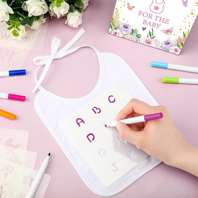 Panitay 100 Pcs DIY Baby Bibs Decorating Kit 50 White Bibs 25 Stencils 24 Markers 1 Baby Shower Game Sign
