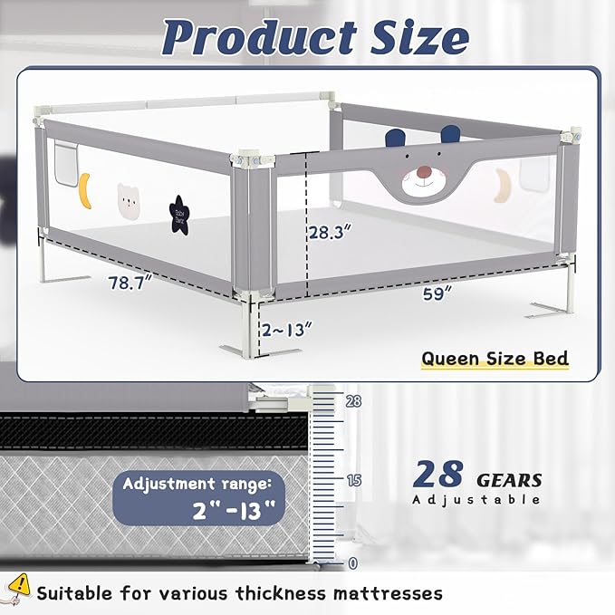 JWPEHOE 3-Piece Bed Rail for Toddlers with Headboard Rod, Adjustable Baby Bed Rail Guard (78.7 * 78.7 * 74.8 Inch-King Size)