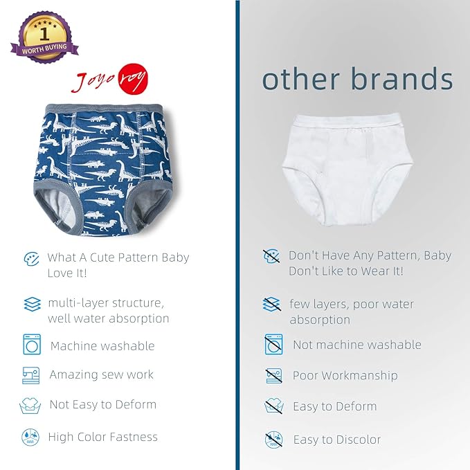 Joyo roy 6Pcs Potty Training Underwear 18-24 Months 100% Cotton Absorbent Toddler Potty Training Pants for Boys Soft Kid Confident Little Boy Underwear 1T Waterproof Pee Pants with Potty Sticker Chart