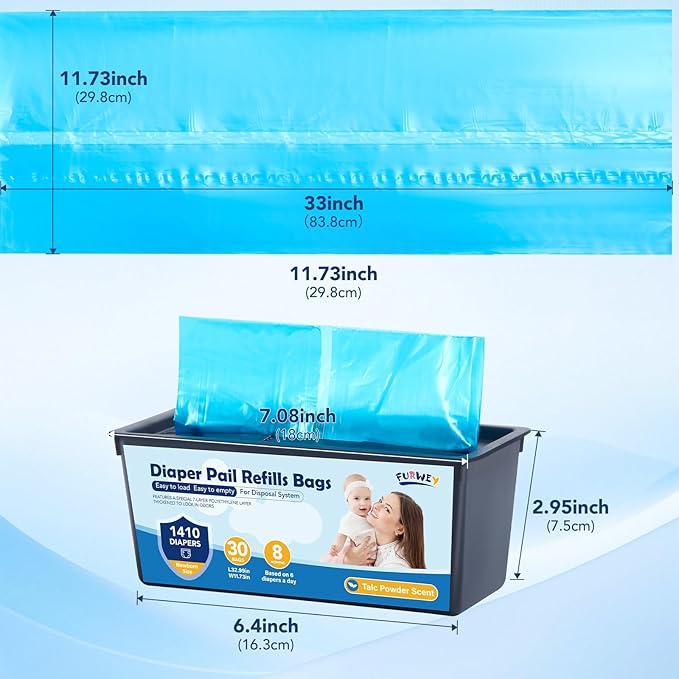 Diaper Pail Refill Bags 30 Bags Per Refill，Compatible with Genie Easy Roll Signature Diaper Pails Holds Up to 2820 Newborn Diapers Talc Powder Scent 7 Layer Odor Barrier,Scented,2PACK (60 Bags)