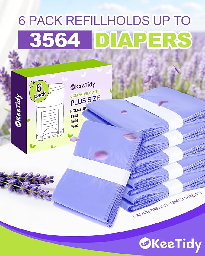Diaper Pail Refill Bags Compatible with DEKOR PLUS Diaper Pails, 20% Extra Length Diaper Bags Disposable with Lavender Flavor, Holds up to 3564 Diapers, 6 Pack
