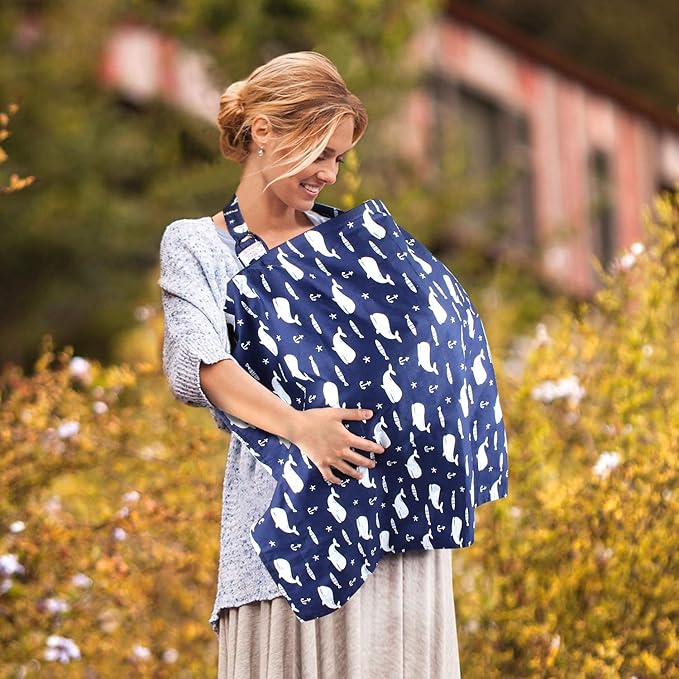 Nursing Cover for Mom Breastfeeding, Baby Privacy Nursing Covers Up Breathable Cotton with Ajustable Hoop for Mother (Blue)
