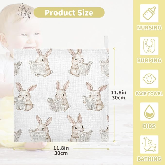vvfelixl Bunny Reading Newspapers Baby Burp Cloths Baby Muslin Washcloths for Boys Girls Cotton Babys Face Towel for Newborn Infants Soft and Absorbent 11.8 X 11.8 in, 5 Pack