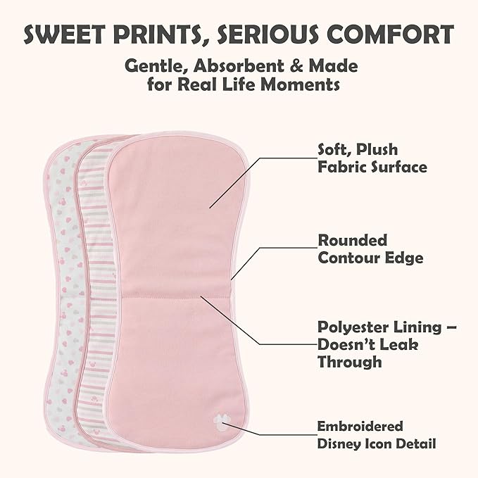 Disney Baby Burp Cloths 3-Pack – Mickey Mouse and Minnie Mouse Soft Absorbent 20" x 10" Leakproof Burping Rags for Baby Boys Girls & Unisex Newborns & Infants