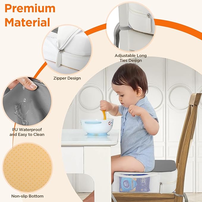 Booster Seat for Kitchen Chair, 3.8" Toddler Booster Seats for Dining Table with Ties, PU Dining Booster Seat with Side Pockets, Non-Slip & Removable Booster Seat for Table Increasing Cushion (Grey)