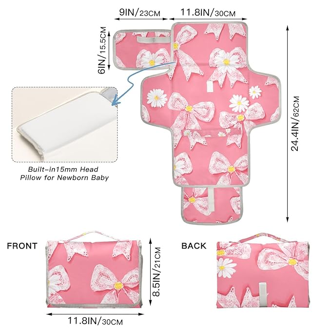 Portable Diaper Changing Pad Travel Baby Changing Mat Waterproof Diaper Changing Mat Foldable Lightweight Baby Changer with Built-in Pillow Lovely Daisies Lace Bows Pink