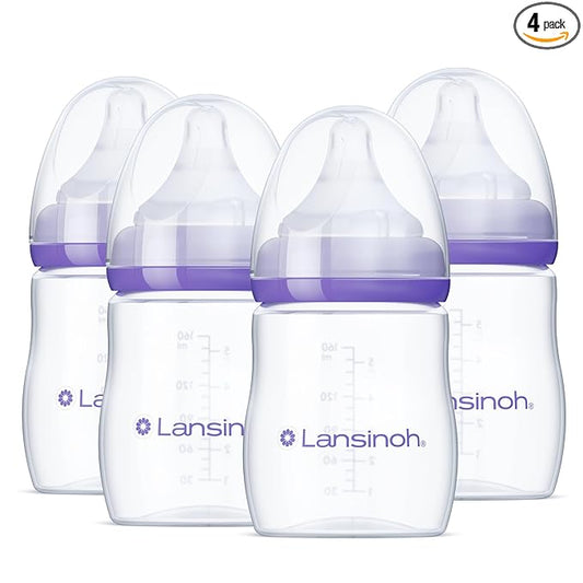 Lansinoh Anti-Colic Baby Bottles, BPA-Free Plastic, 5 Ounces, 4 Count, Extra Slow Flow Nipples (Size XS), Breastfeeding Bottle with NaturalWave Design