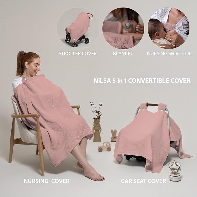 Muslin Nursing Cover for Breastfeeding & Baby Car Seat Cover - Breathable Breastfeeding Cover up With Rigid Hoop - 100% Cotton Privacy Apron Breast Feeding Covers For Women (Blush)
