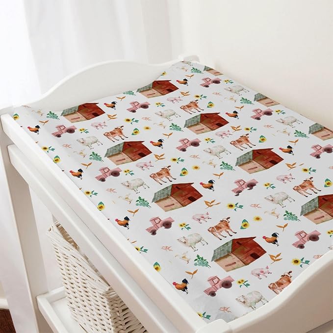 Watercolor Farm Animals Changing Pad Cover Barn Cow Lamb Chicken Pig Hen Duck Tractor Diaper Change Table Cover Sheets for Boys Girls Soft Stretchy Fitted Changing Mat Sheets 32''x16''