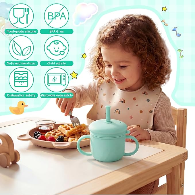 8 oz 3 in 1 Silicone Baby Sippy Cups & Snack Cups with Lid Straw for Toddlers 1-3 Spill Proof Stainless Steel Snack Containers Food Catcher for Baby Toddler Drinking Training(Light Green)