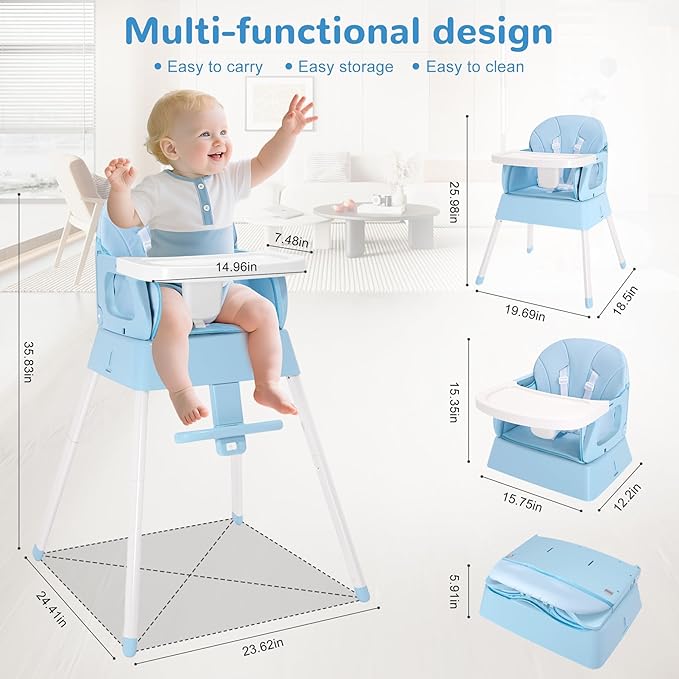 4 in 1 Portable Baby Highchair Convertible High Chair for 6-36 Months Babies and Toddlers, Foldable Carry Small Box, High Chair, Infant Booster Seat, Dining Chair, Easy to Carry and Store (Blue)