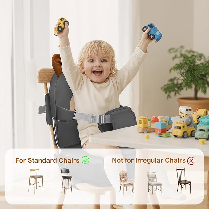 Booster Seat for Kitchen Chair, Toddler Kids Booster Seats for Dining Table with Backrest and Adjustable Strap, Portable PU Waterproof Travel Baby Booster Increasing Cushion (Dark Grey, OneSize)
