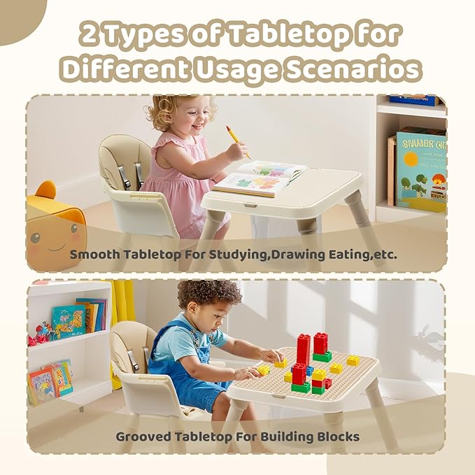 JOYMOR 7 in 1 High Chair for Babies and Toddlers, Convertible Kids Learning Table and Chair with Large Baske for Storage (Beige)